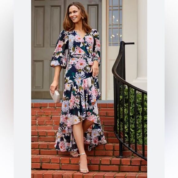 Eliza J Floral Print 3/4 Balloon Sleeve Faux Wrap Hi-Low Maxi Dress - Picture 1 of 8